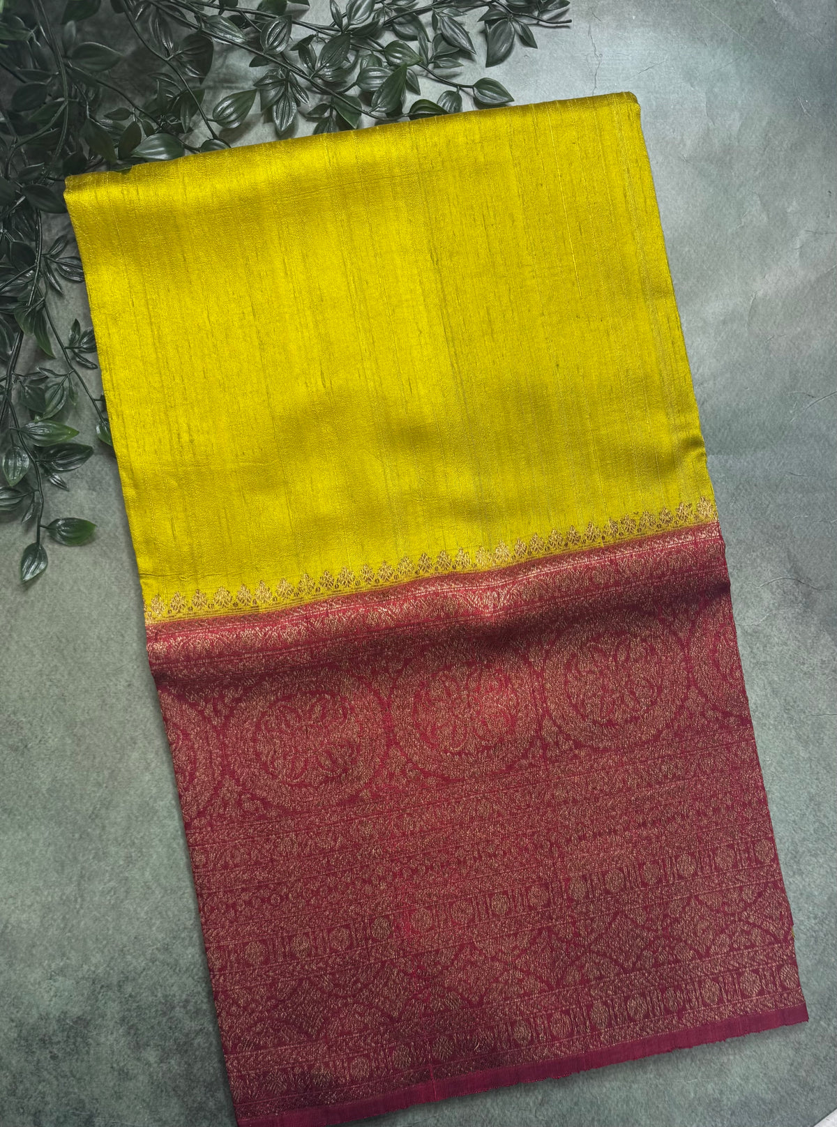 Neon green long border pure raw silk saree 111