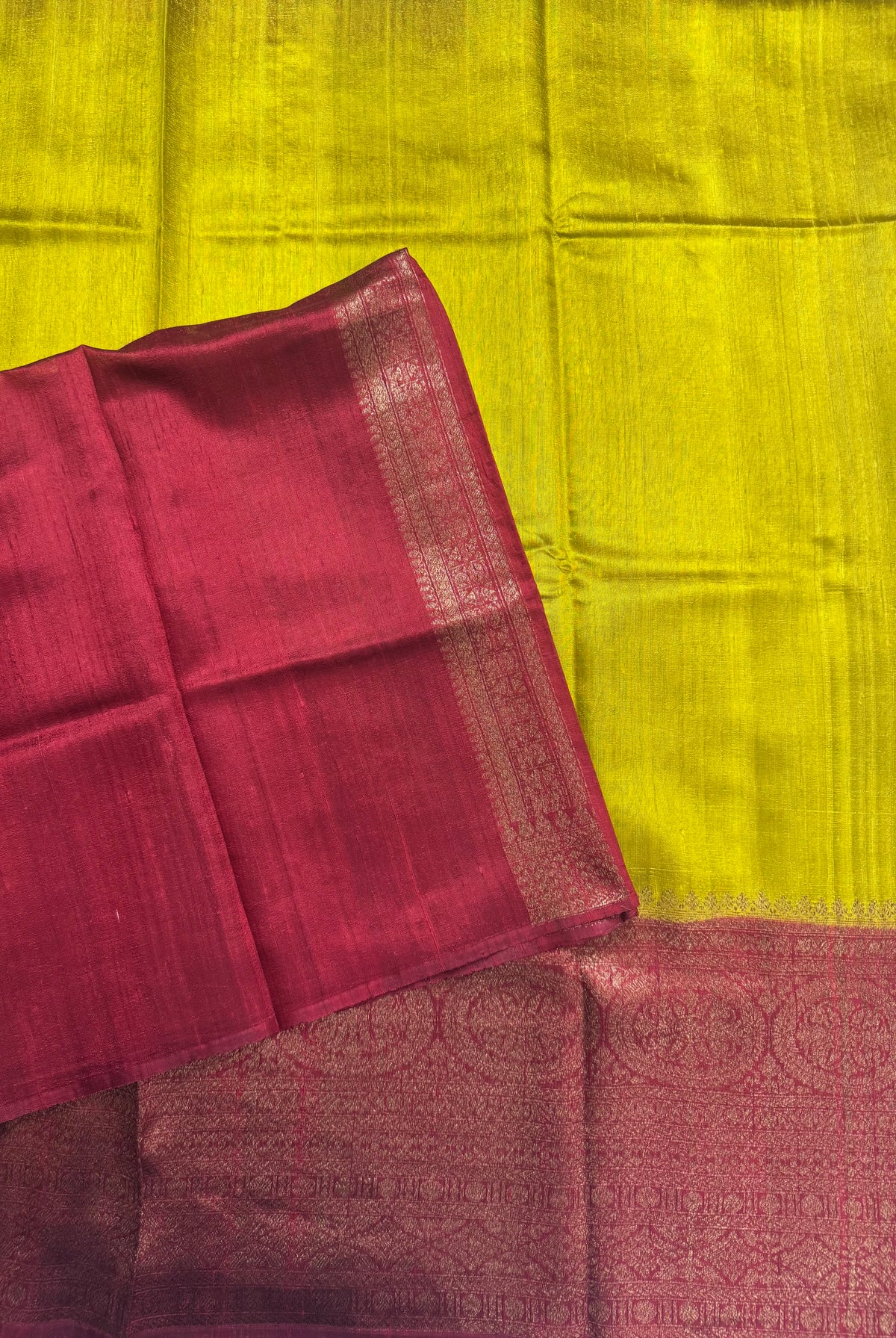 Neon green long border pure raw silk saree 111