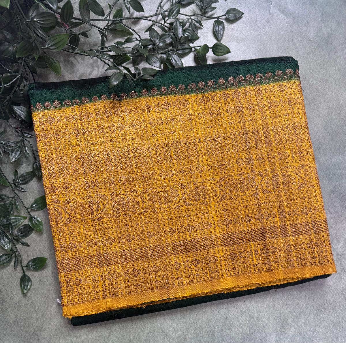 Bottle green long border pure raw silk saree 111