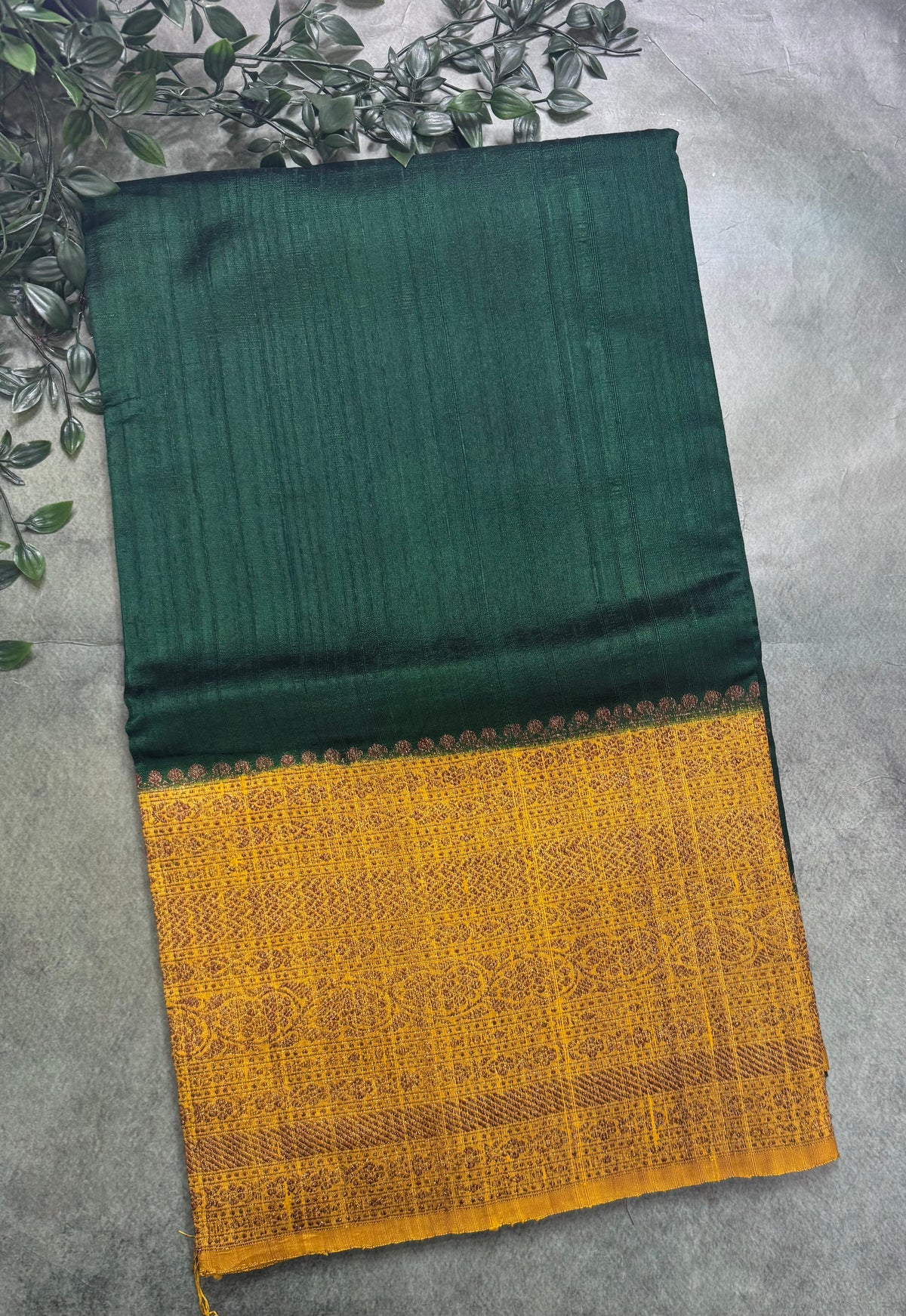 Bottle green long border pure raw silk saree 111
