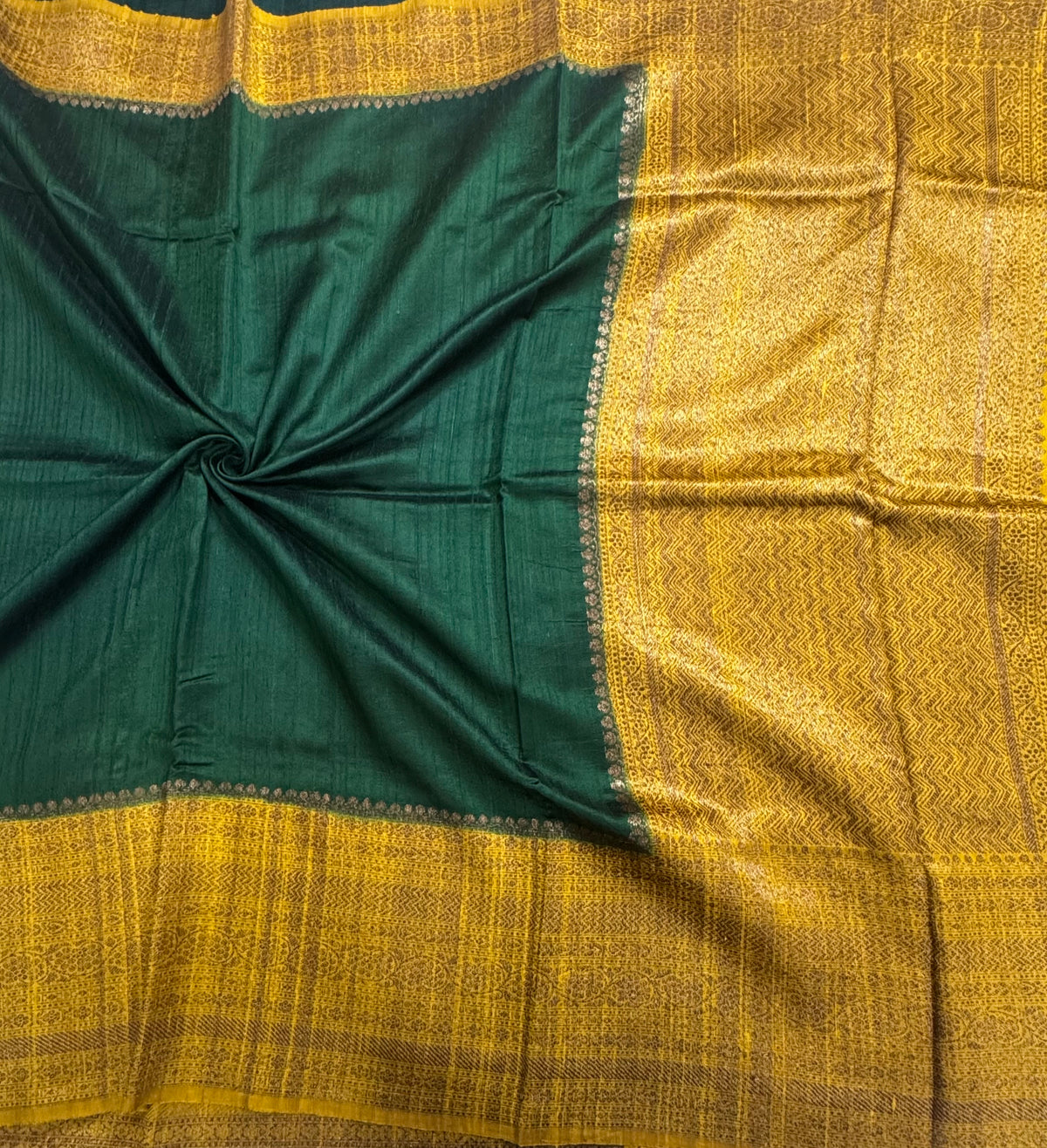 Bottle green long border pure raw silk saree 111