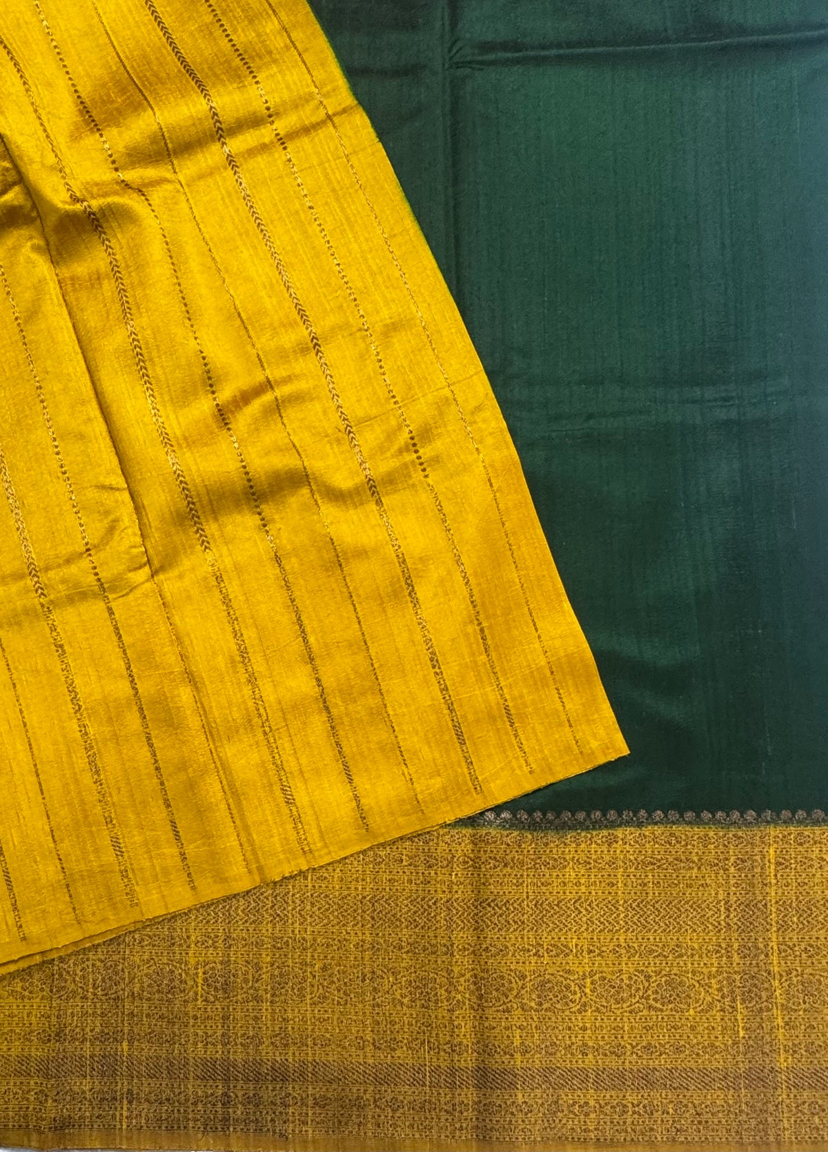 Bottle green long border pure raw silk saree 111
