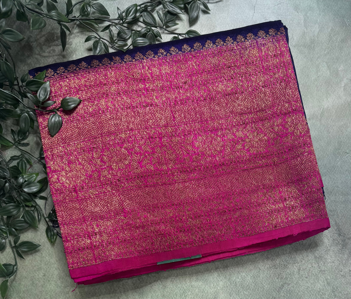 Navy blue long border pure raw silk saree 111