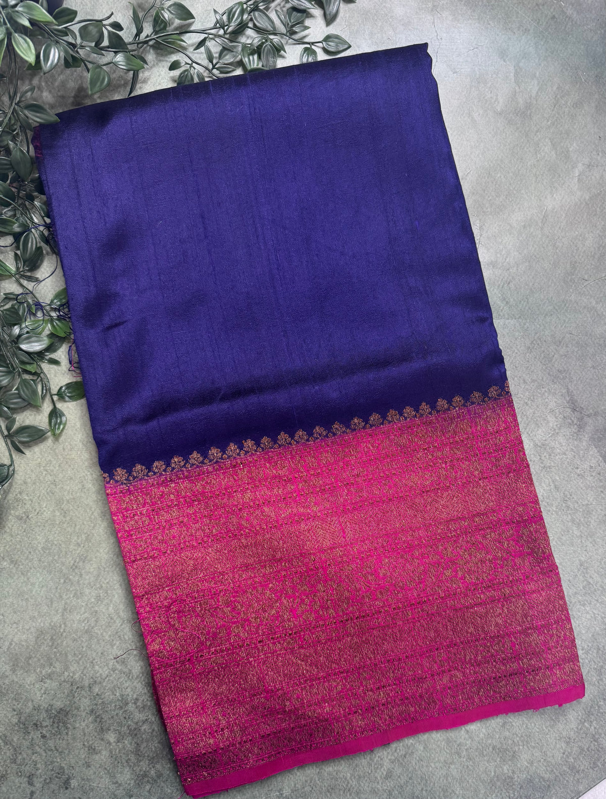 Navy blue long border pure raw silk saree 111