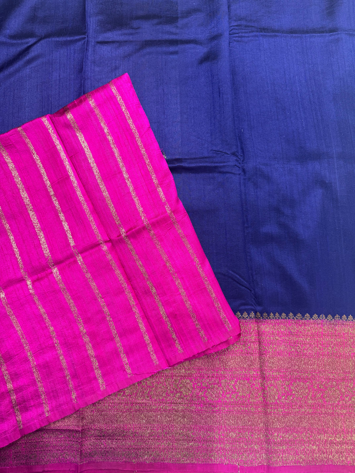 Navy blue long border pure raw silk saree 111