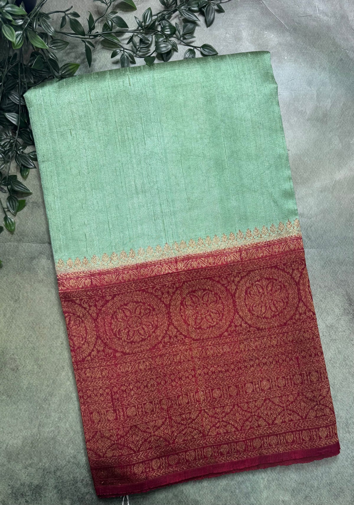 Sea green long border pure raw silk saree 111