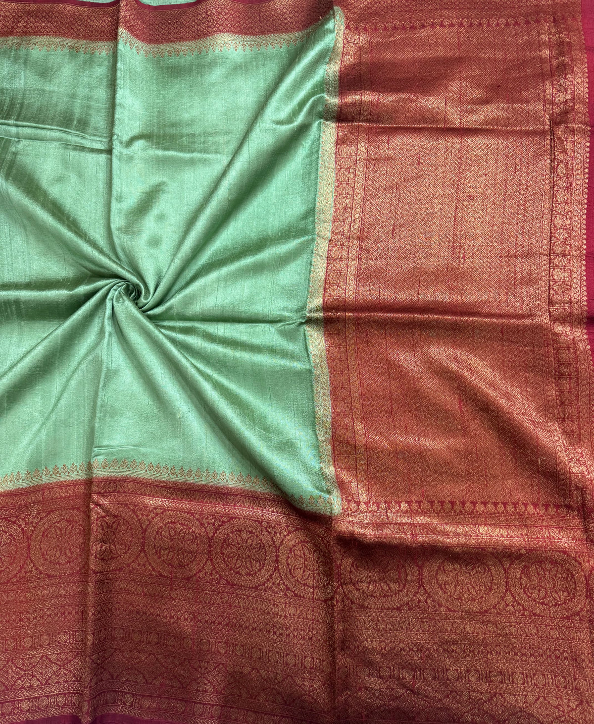 Sea green long border pure raw silk saree 111