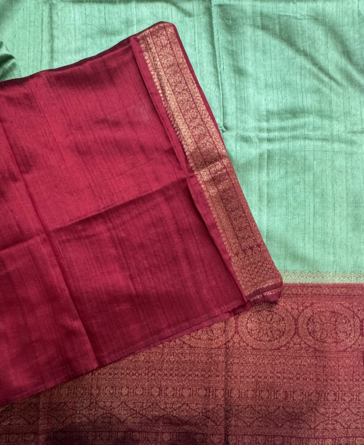 Sea green long border pure raw silk saree 111