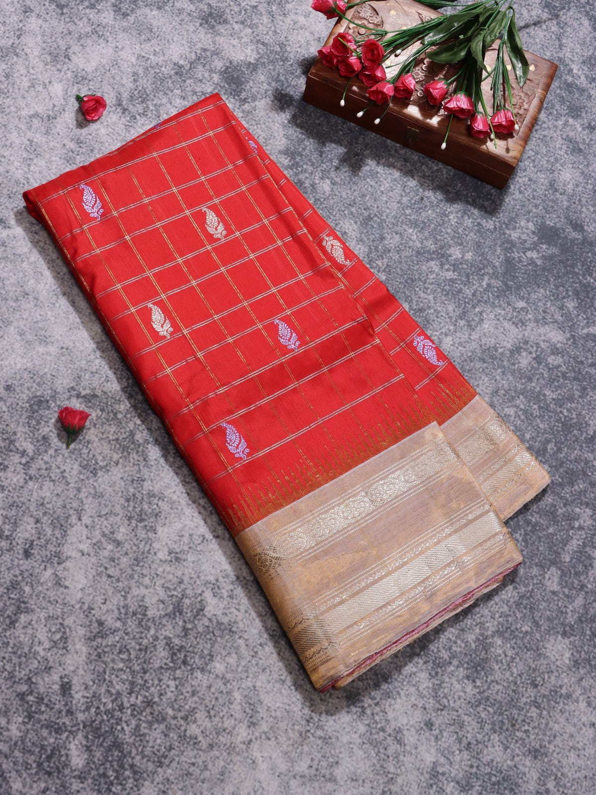 Red Checks Pure Modal Silk Saree (Swara)