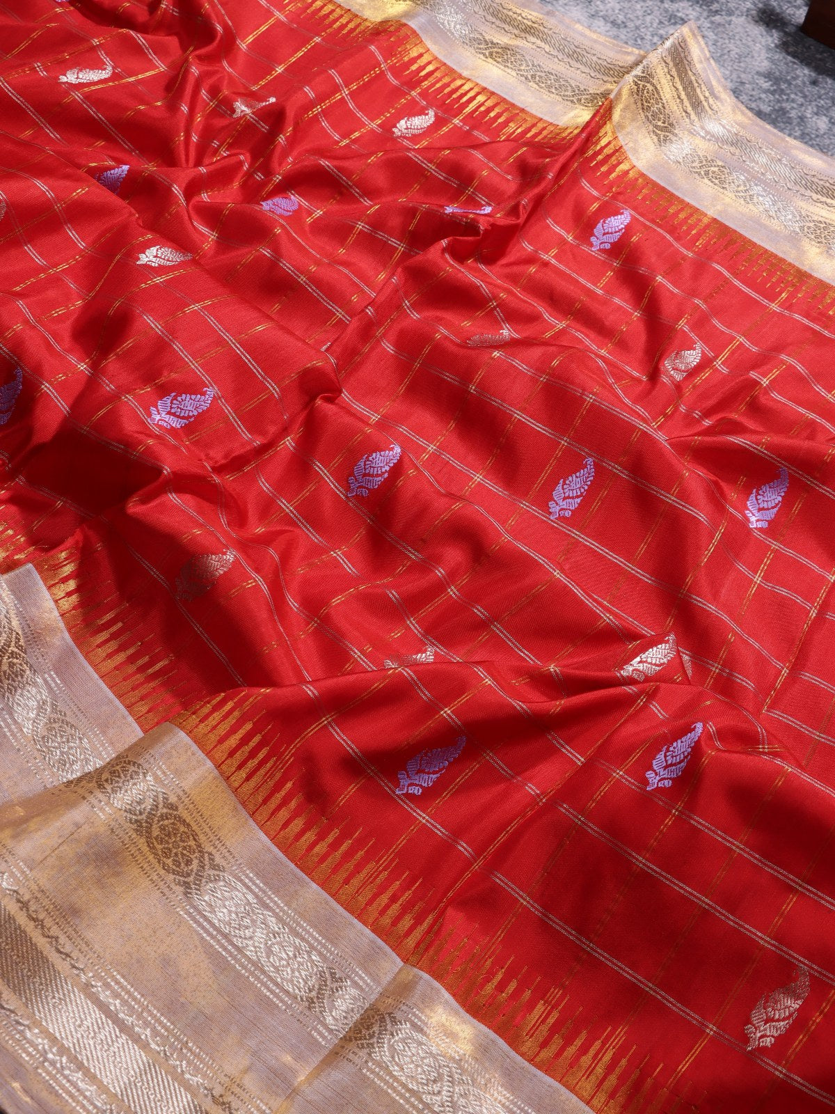 Red Checks Pure Modal Silk Saree (Swara)