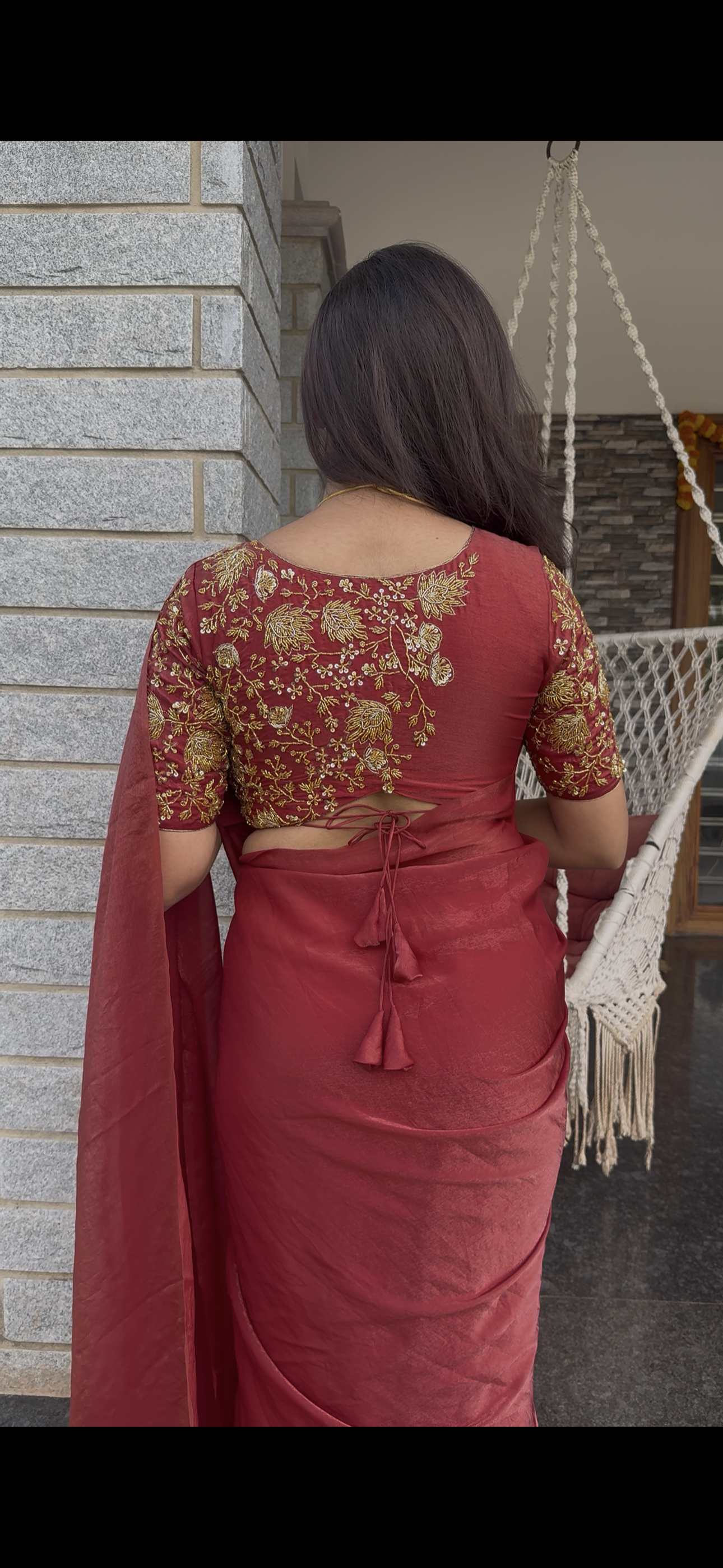 Arpitha red party wear with heavy work blouse saree