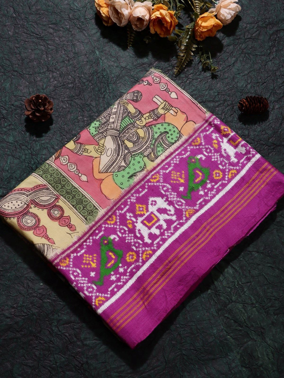 Pink Kalamkari Print Paithani Border Pure Kanchi Saree (Swara)
