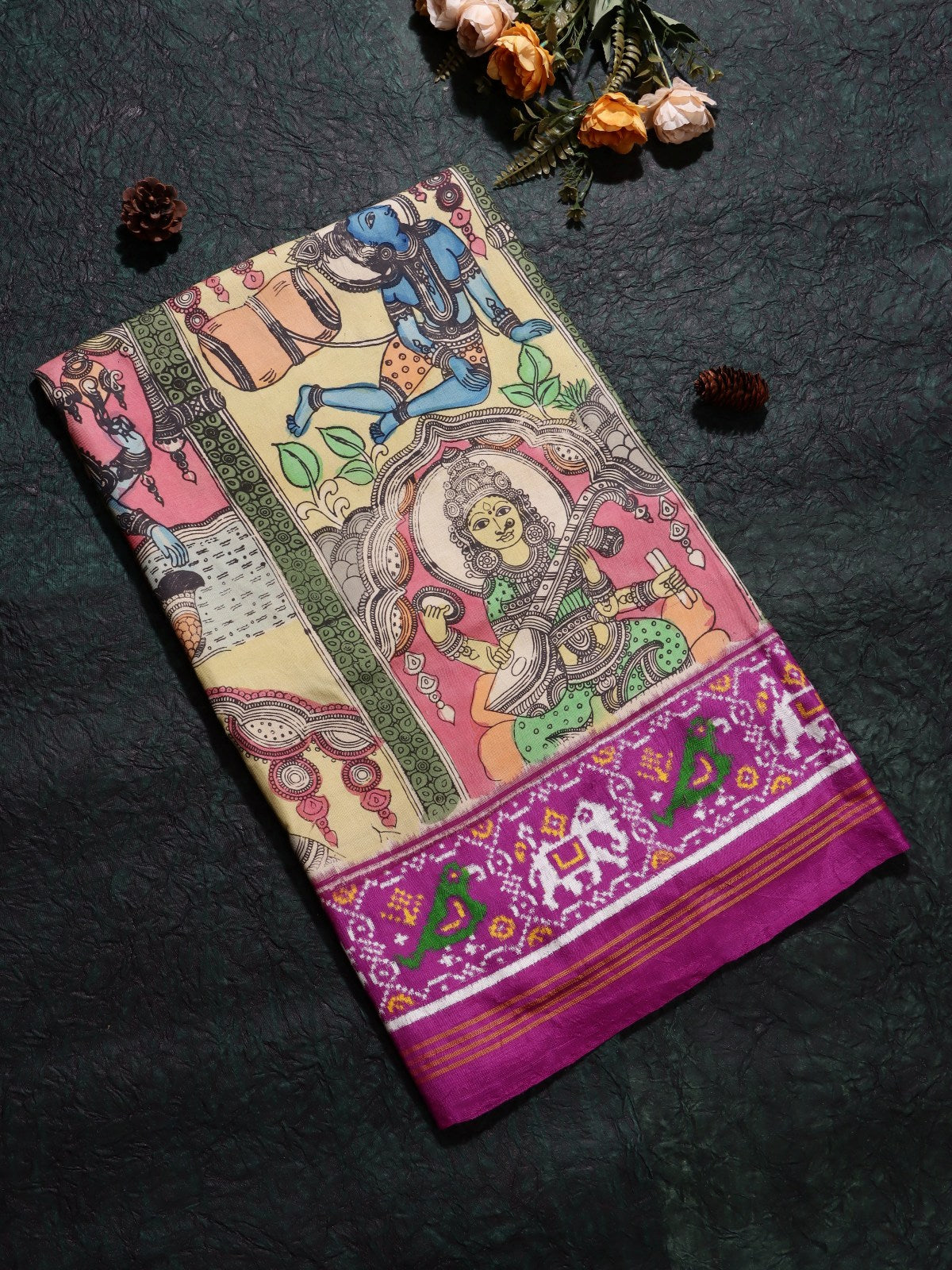 Pink Kalamkari Print Paithani Border Pure Kanchi Saree (Swara)