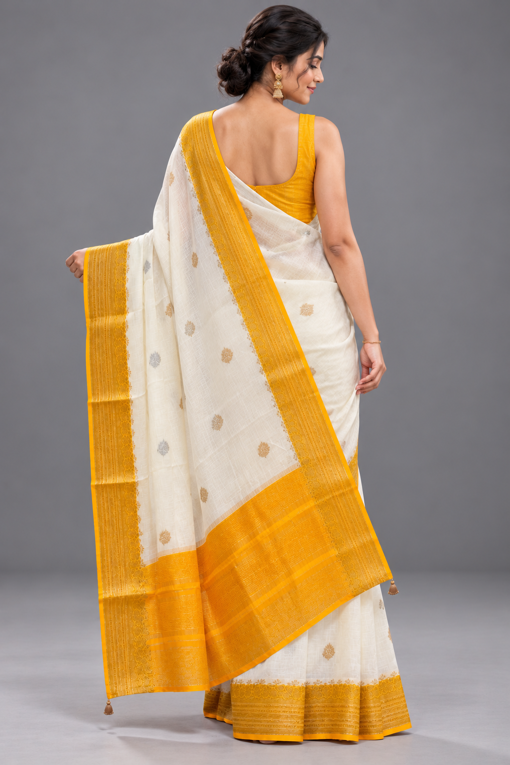 Cream n yellow kota checks Saree 111