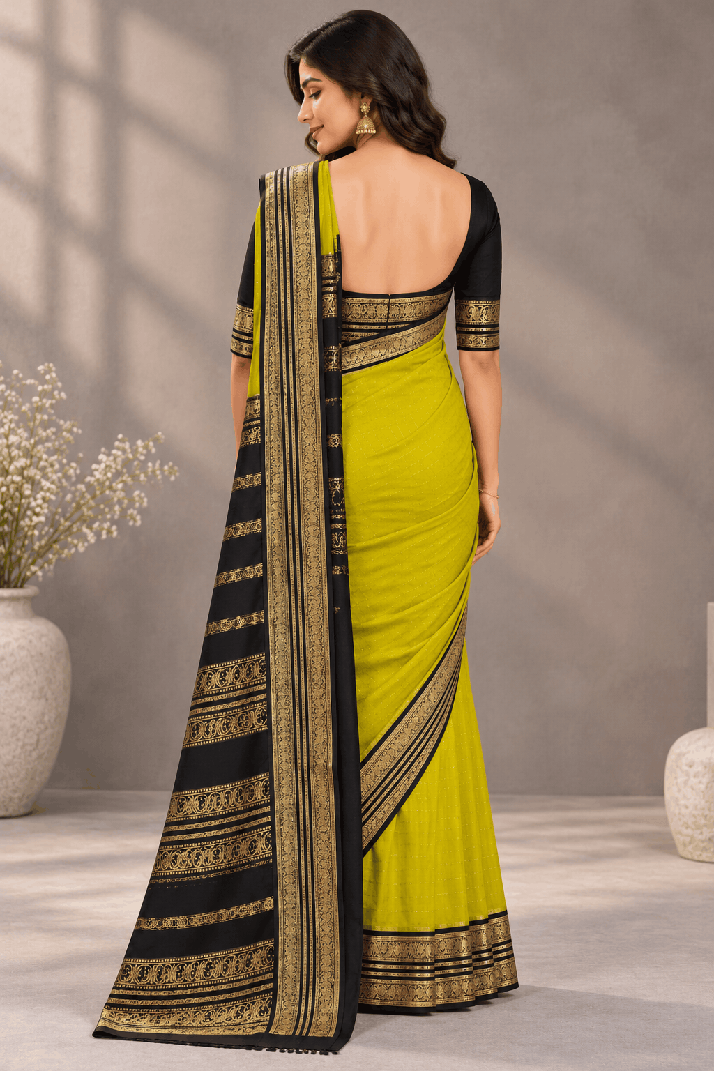 Yellow Checks Pure Mysore Crepe Silk Saree 110