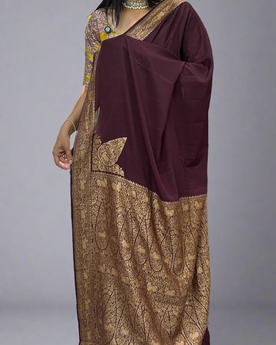 Dark brown banaras pure crepe-08 silk saree