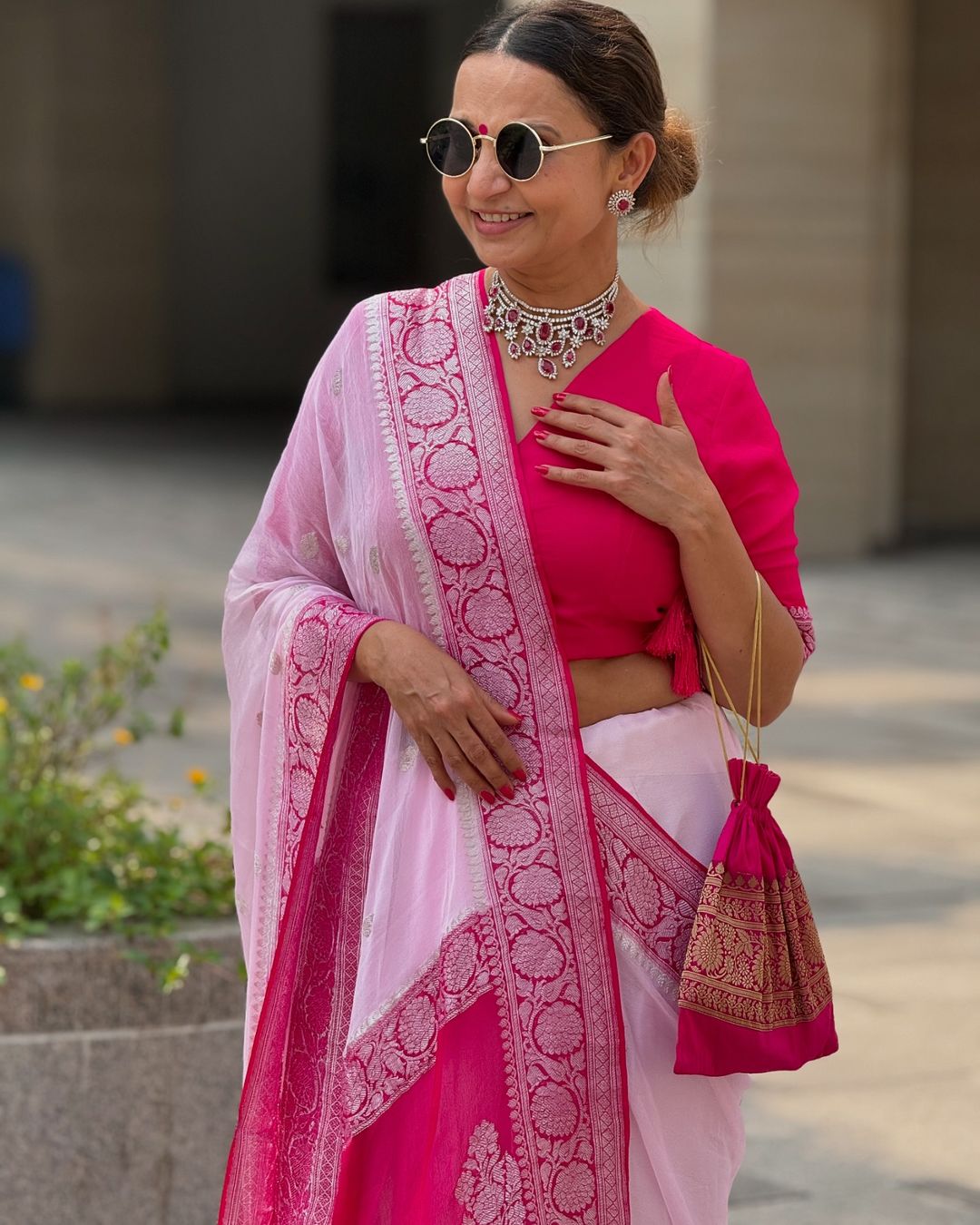 Baby pink benarasi pure chiffon