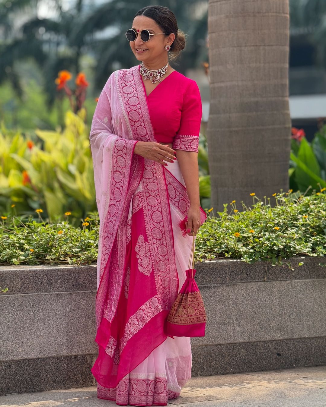 Baby pink benarasi pure chiffon