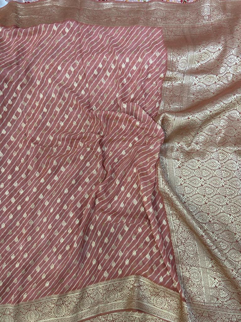 Peach lehariya contrast georgete saree