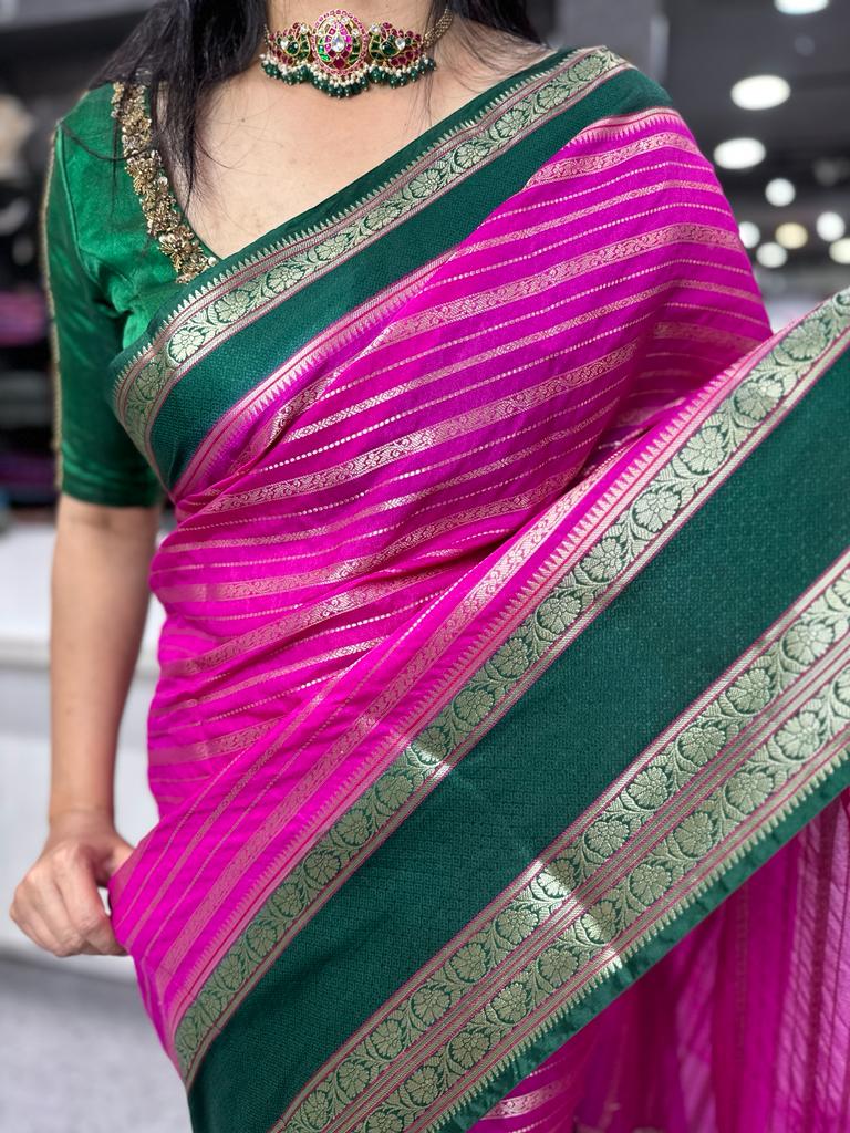 Rani pink gadwal border semi chiniya silk saree (RR)