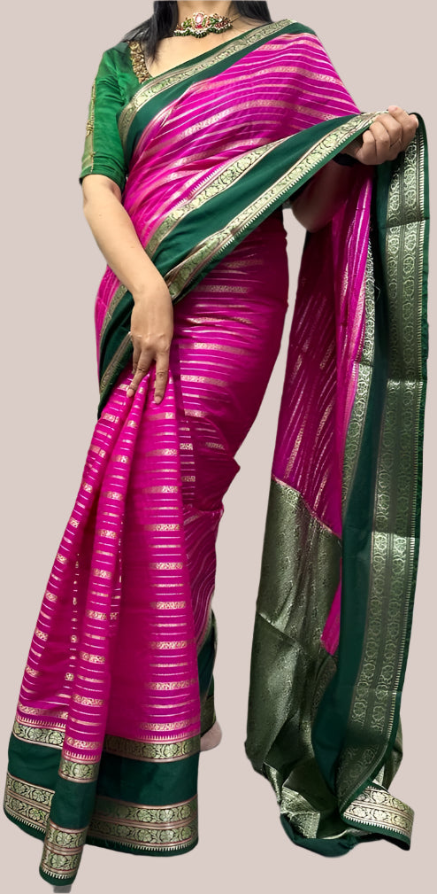 Pink and green gadwal border semi chiniya silk saree (RR)