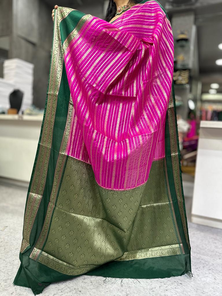 Pink and green gadwal border semi chiniya silk saree (RR)