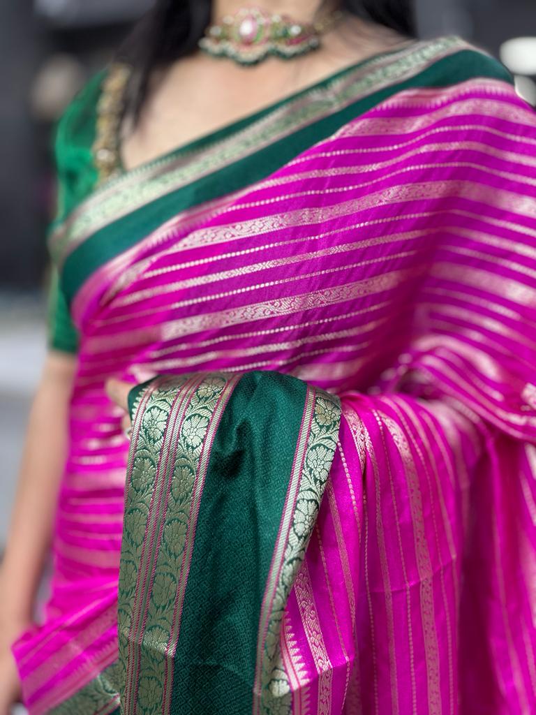 Rani pink gadwal border semi chiniya silk saree (RR)