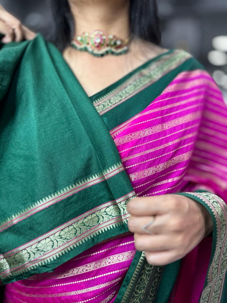 Pink and green gadwal border semi chiniya silk saree (RR)