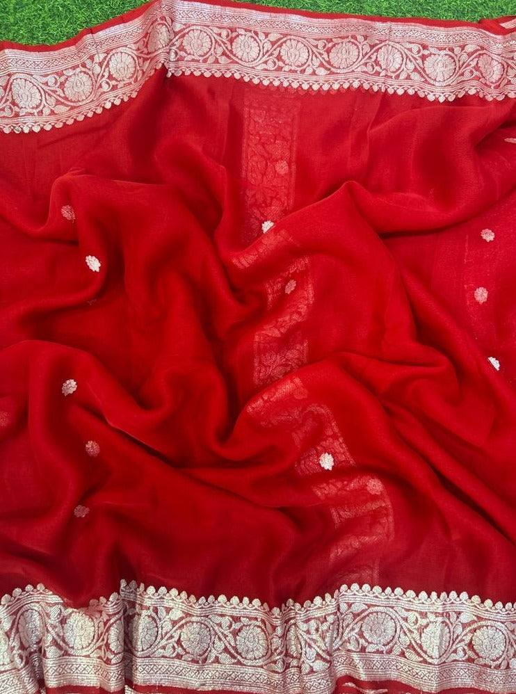 Bright red benarasi pure chiffon
