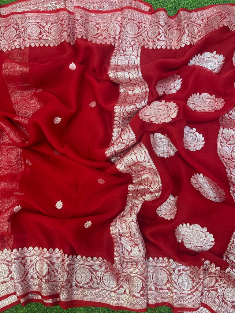 Bright red benarasi pure chiffon