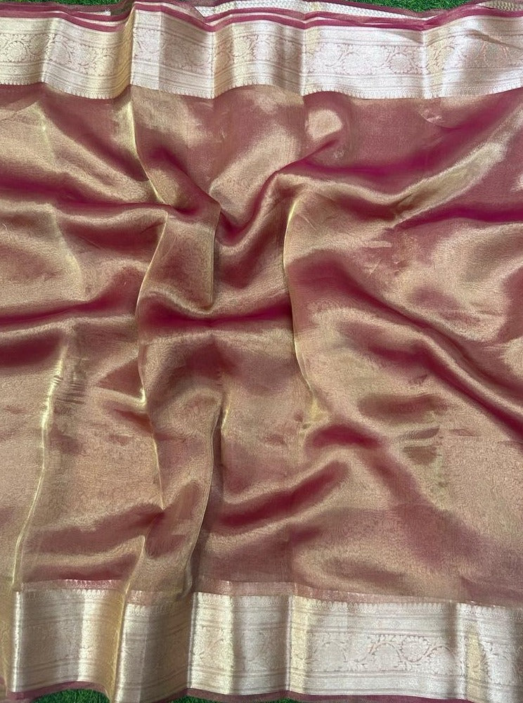Rekhaji Pink 01 golden plain pure tissue saree