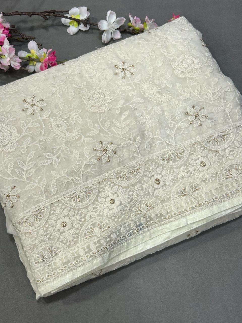 Cream chickankari-08 full work  georgette saree (RR)