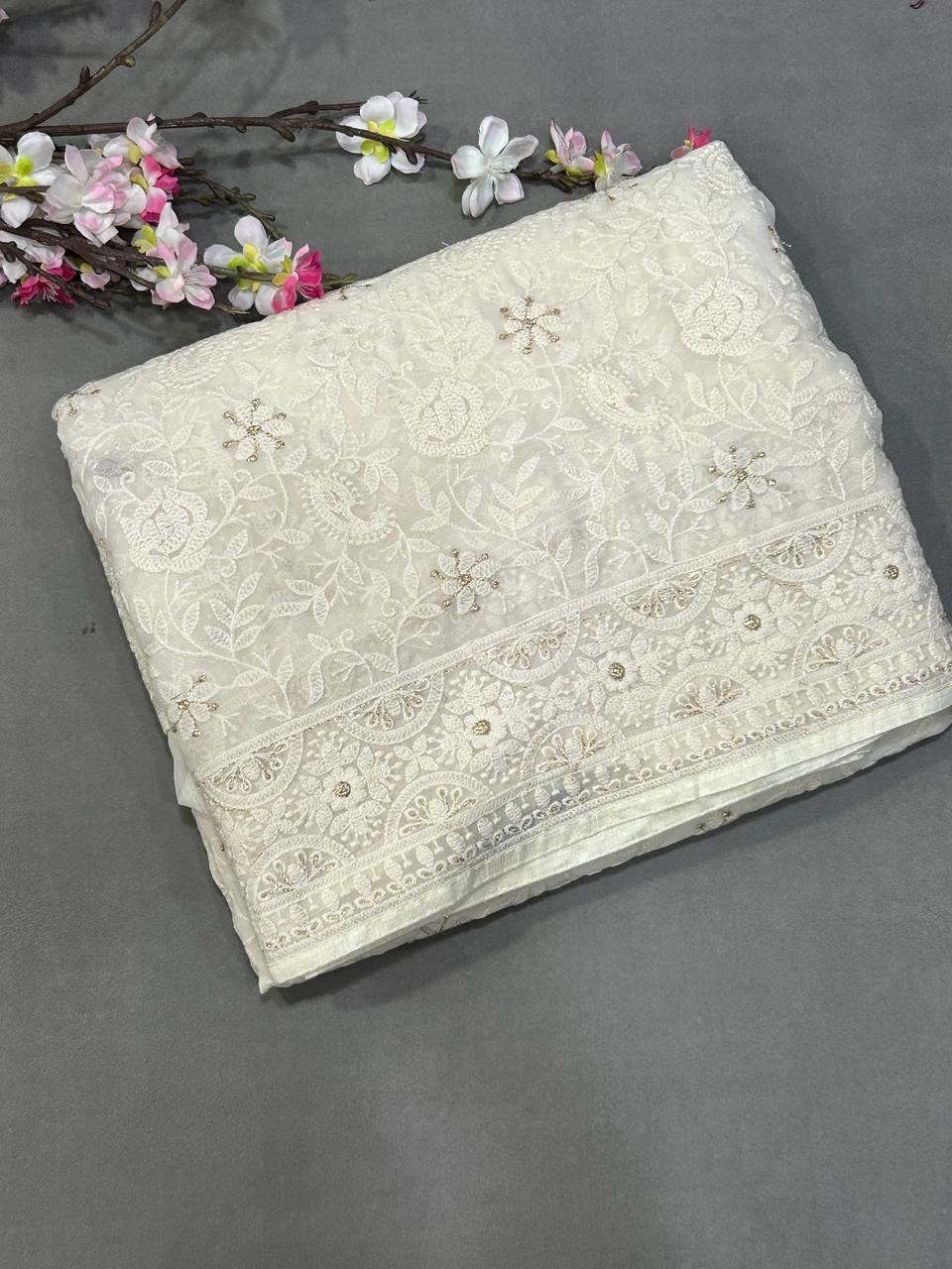 Cream chickankari-08 full work  georgette saree (RR)