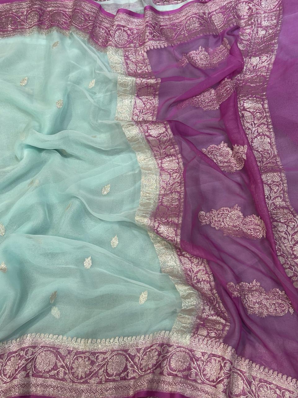 Sky blue n pink border benarasi pure chiffon