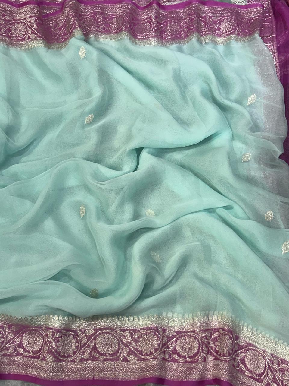 Sky blue n pink border benarasi pure chiffon