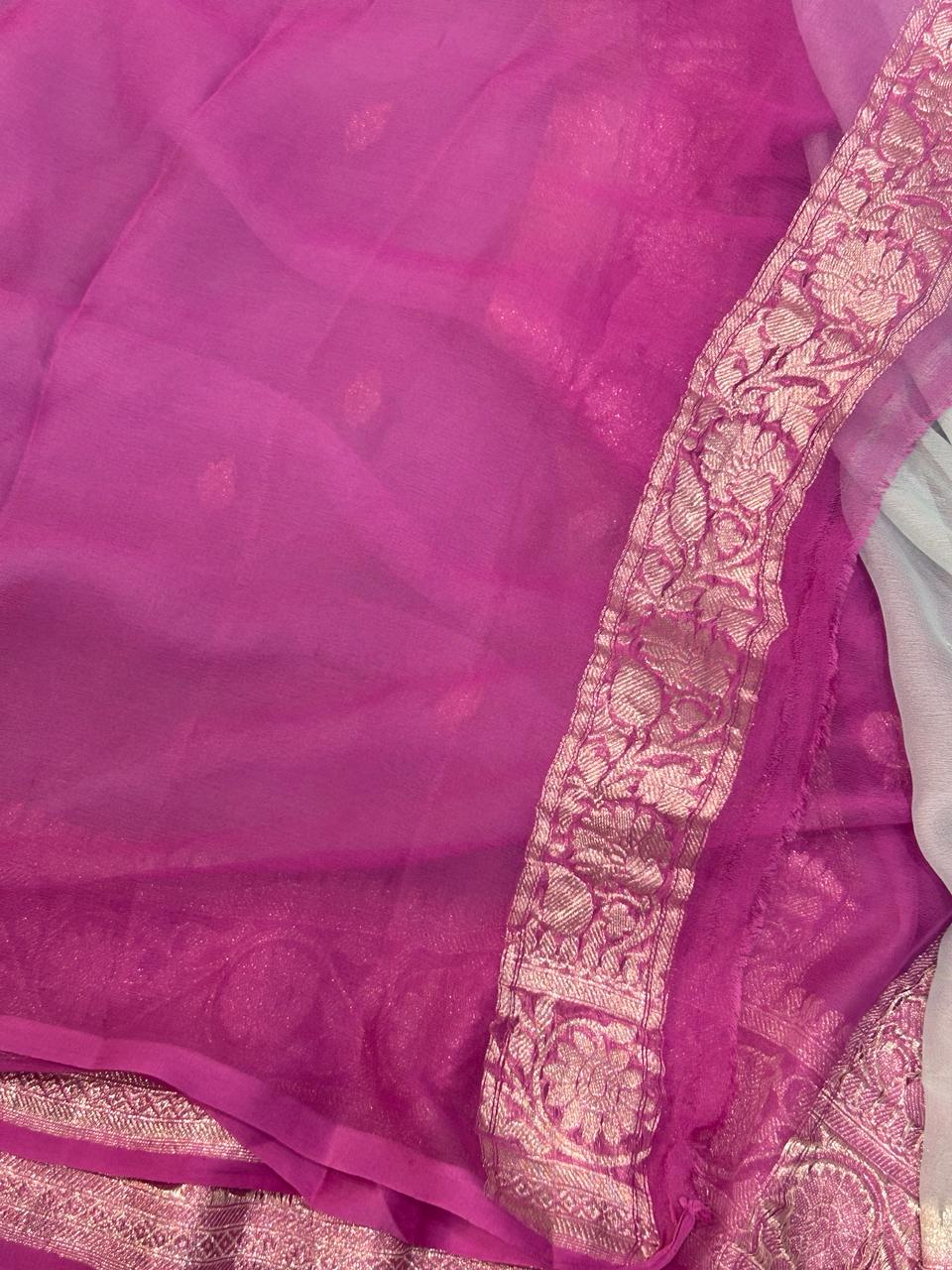 Sky blue n pink border benarasi pure chiffon
