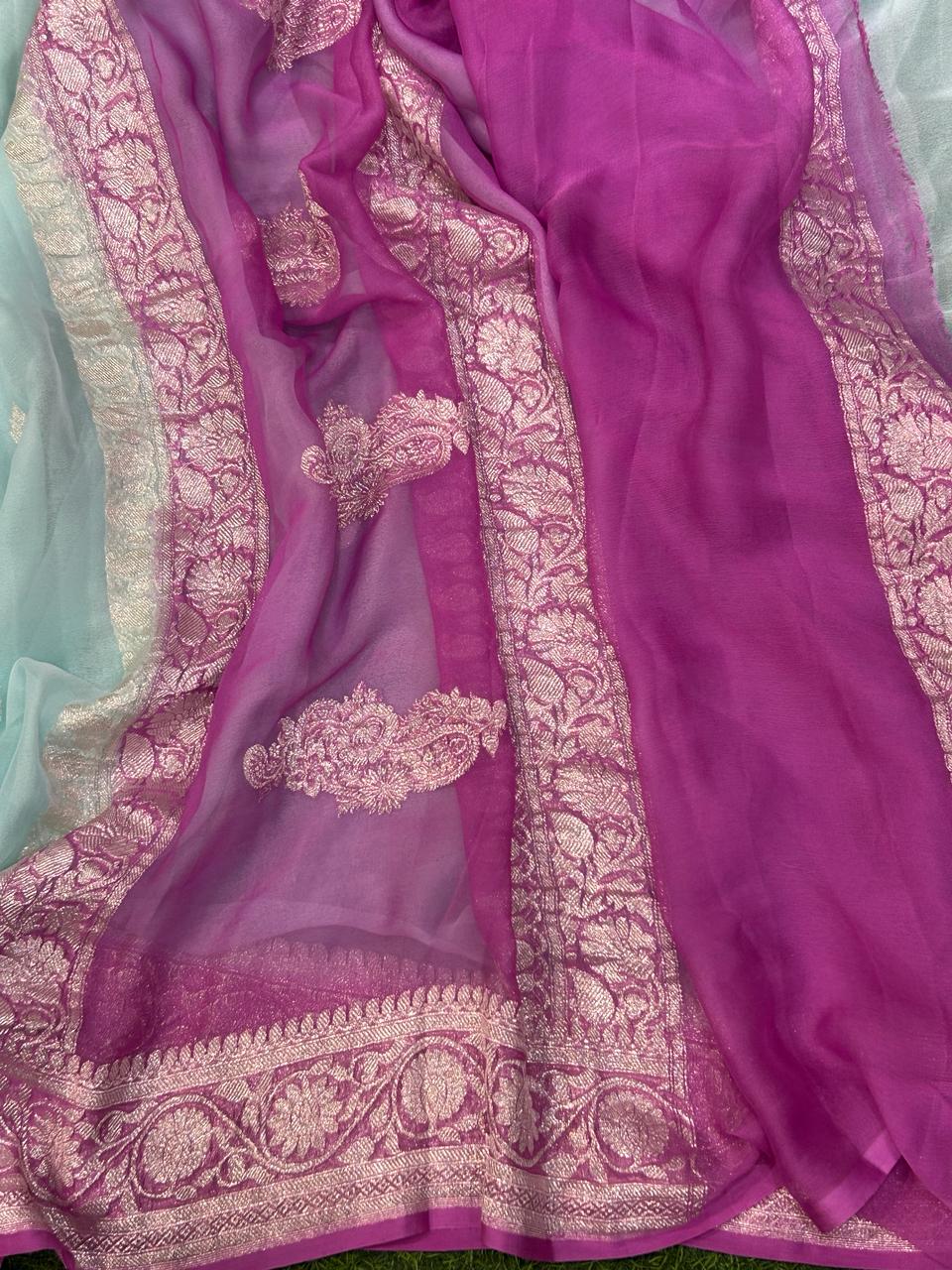 Sky blue n pink border benarasi pure chiffon