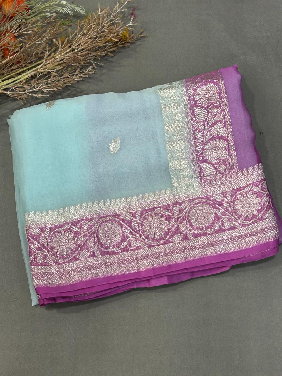 Sky blue n pink border benarasi pure chiffon