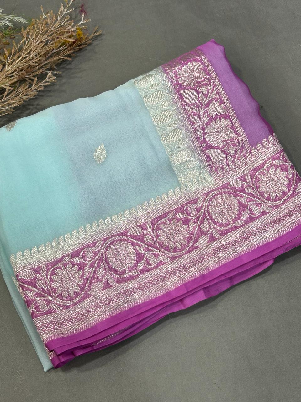 Sky blue n pink border benarasi pure chiffon