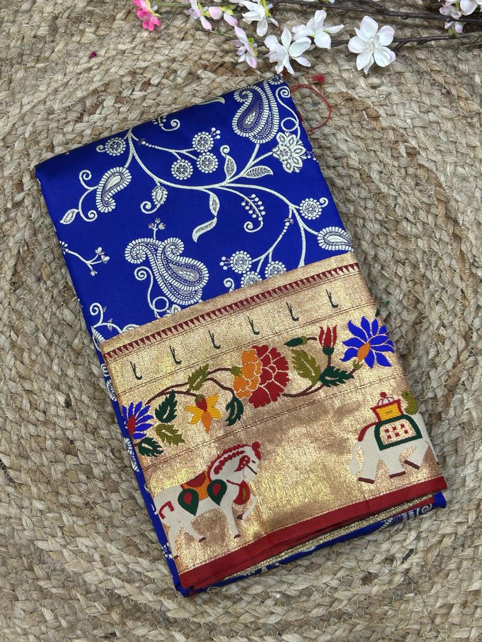 Blue paithani big border soft silk saree