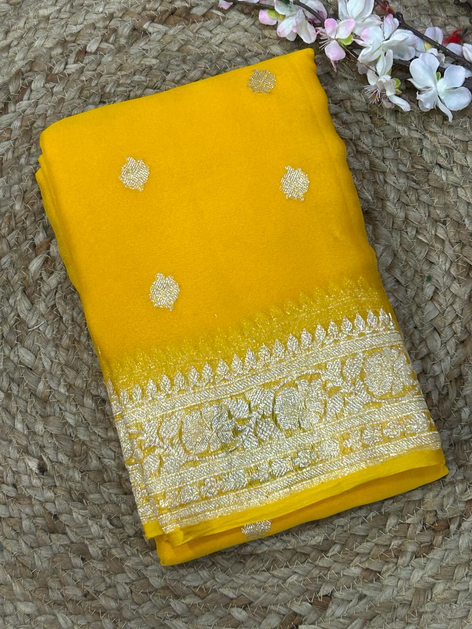 Yellow benarasi pure chiffon saree