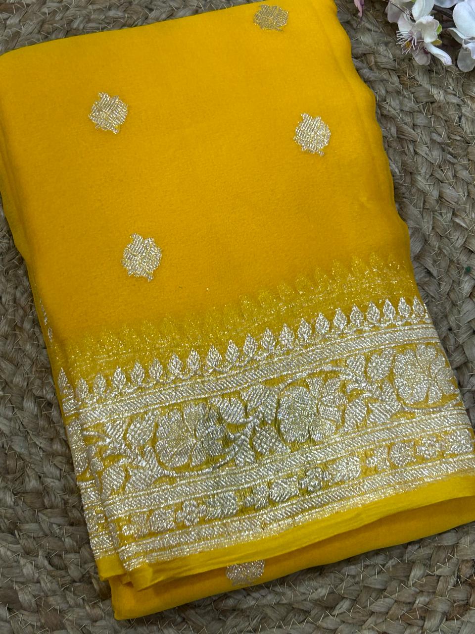 Yellow benarasi pure chiffon saree