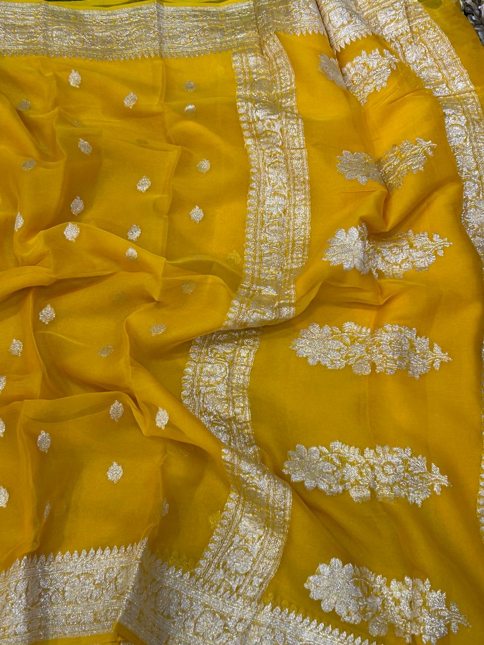 Yellow benarasi pure chiffon saree