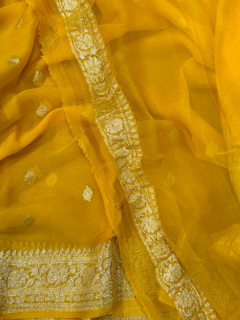 Yellow benarasi pure chiffon saree