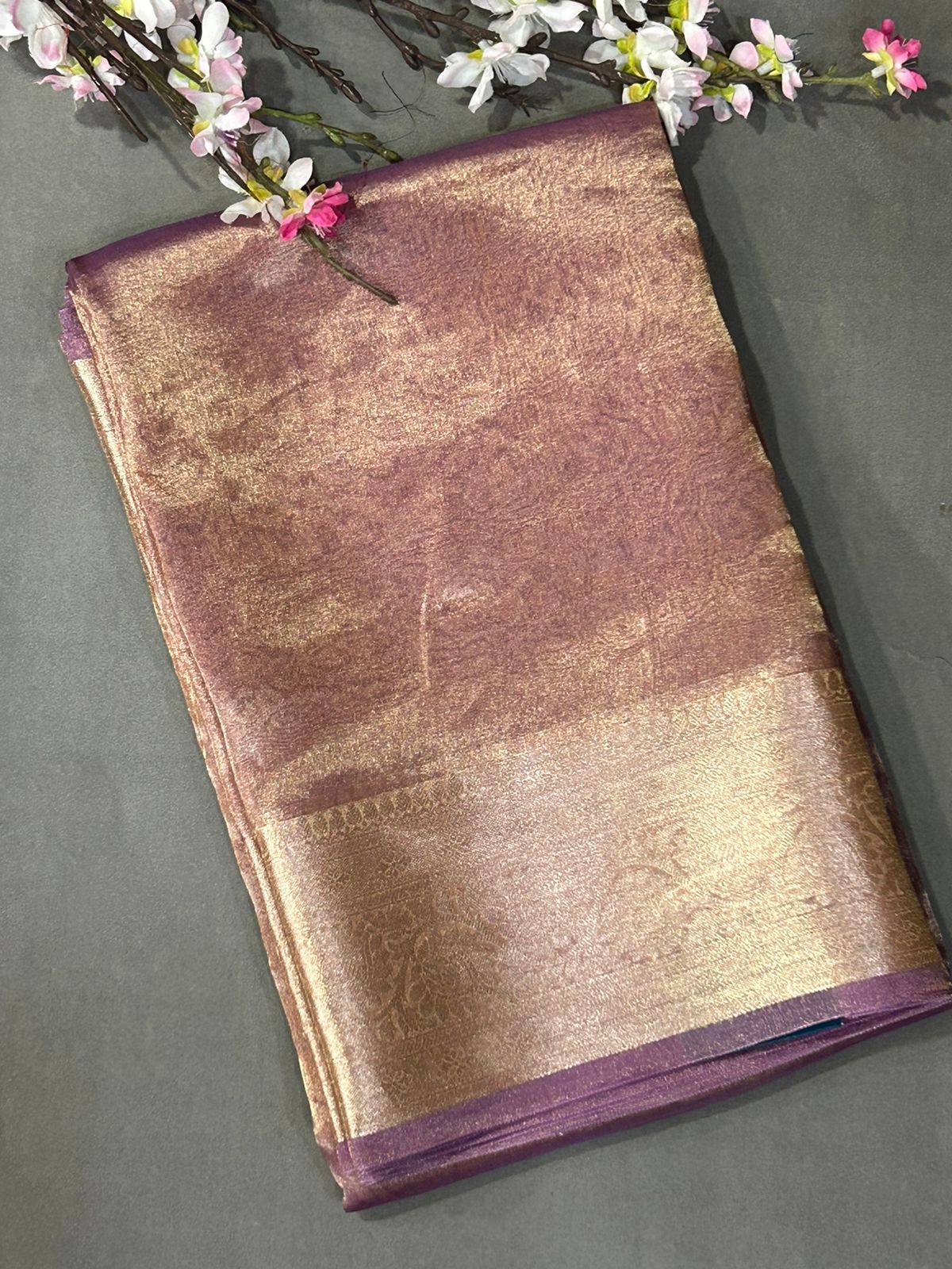 Purple 01 golden plain pure tissue saree