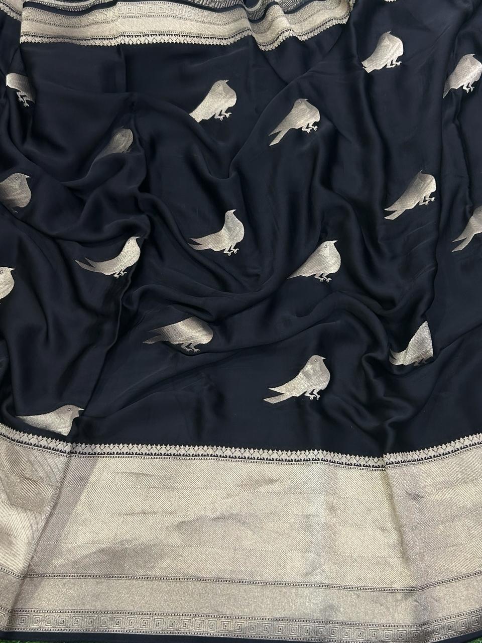 Black sparrow butta benarasi satin silk saree