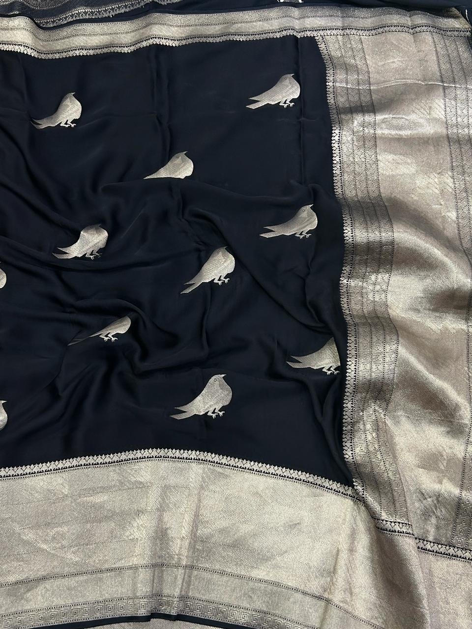 Black sparrow butta benarasi satin silk saree