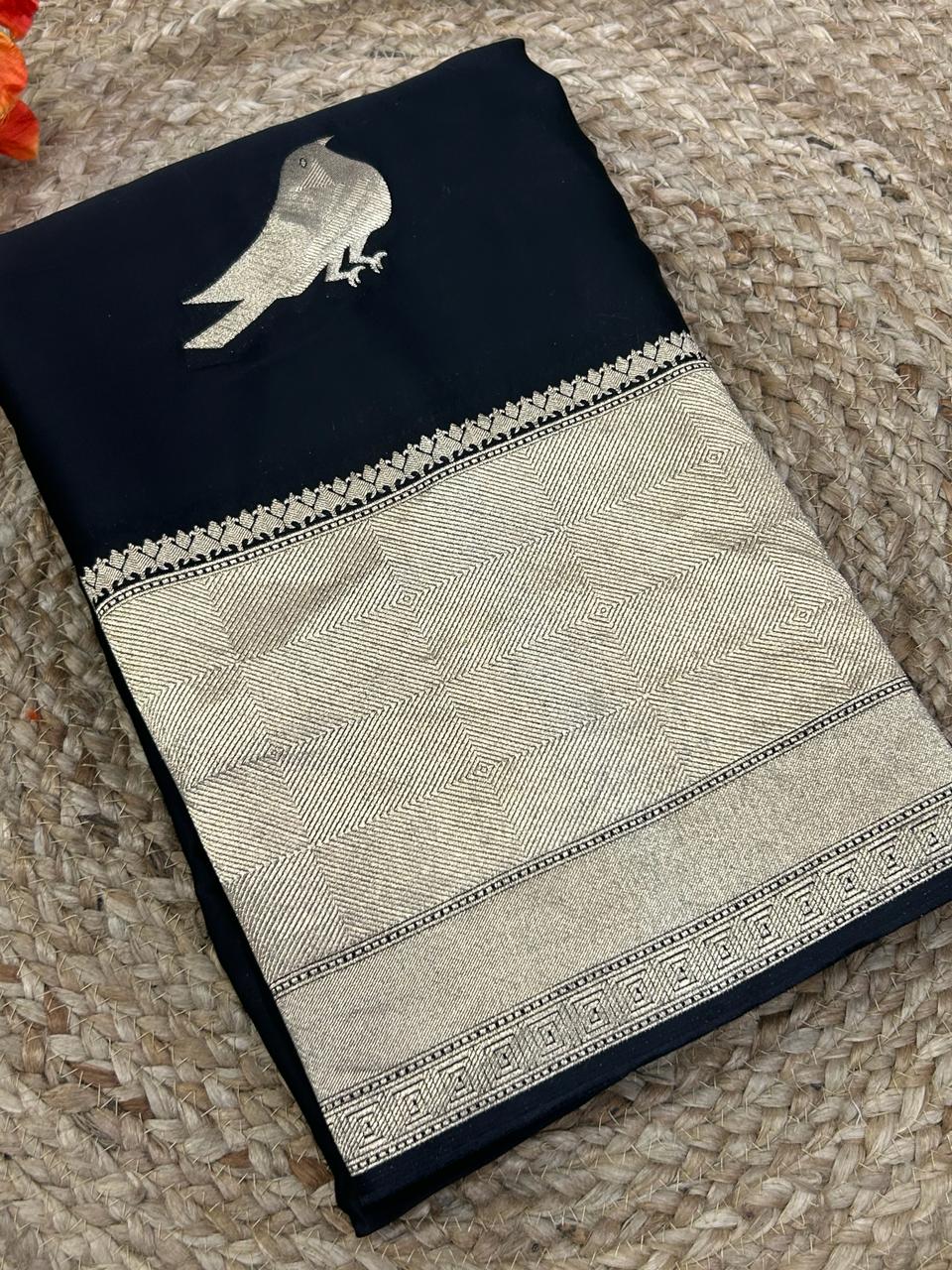 Black sparrow butta benarasi satin silk saree