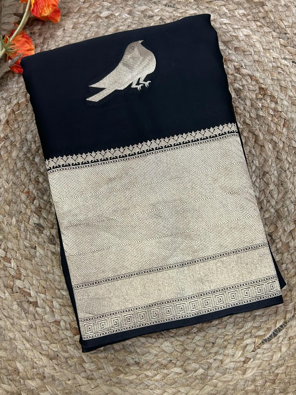 Black sparrow butta benarasi satin silk saree