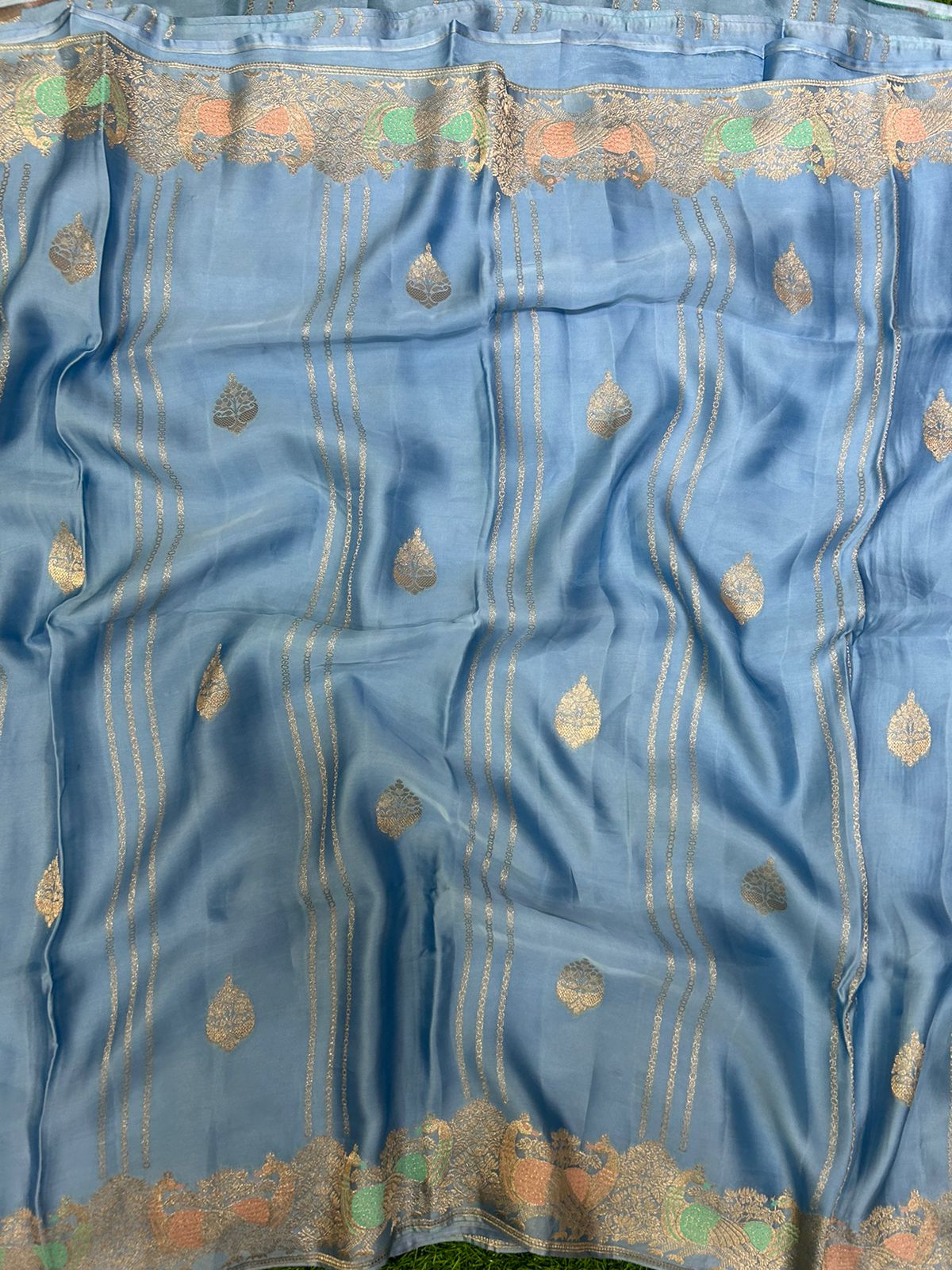 New designer sky blue satin silk saree